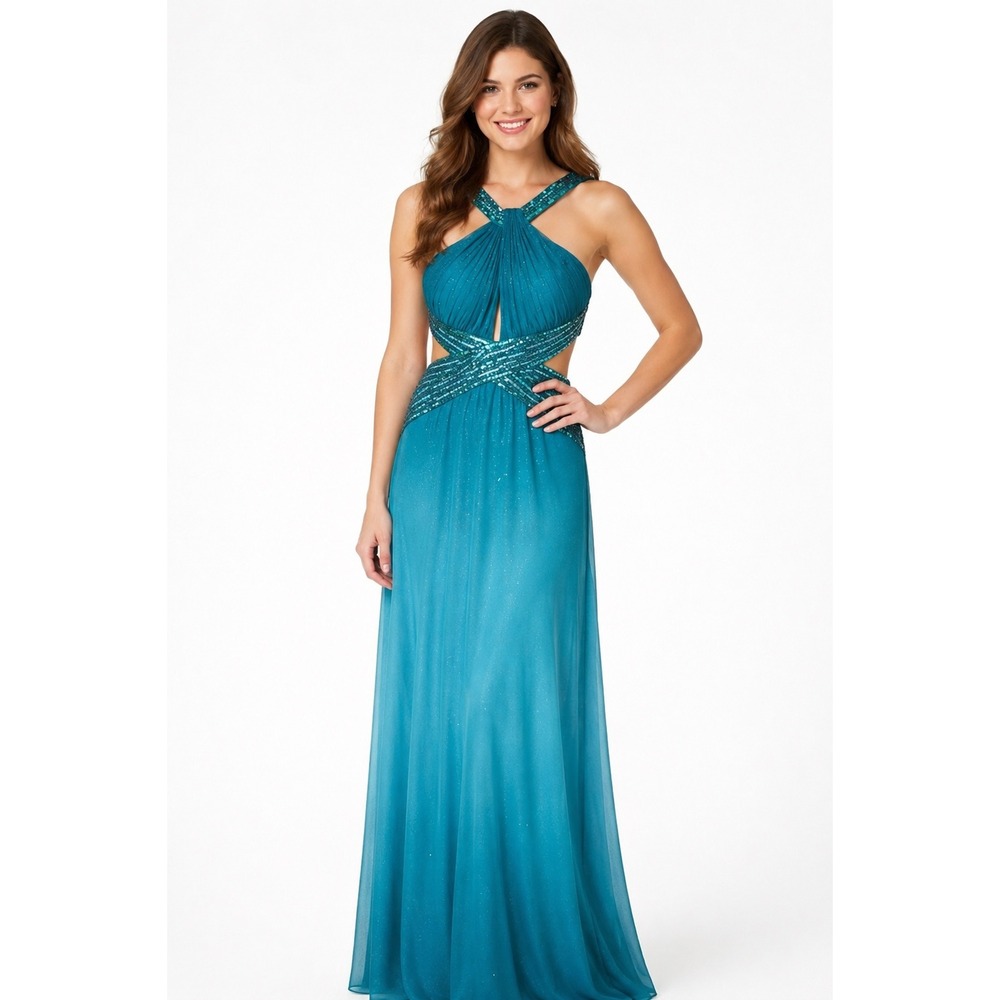 Betsy & Adam Teal Ombre Sequin Halter Gown Side Cutouts Open Back Dress 12